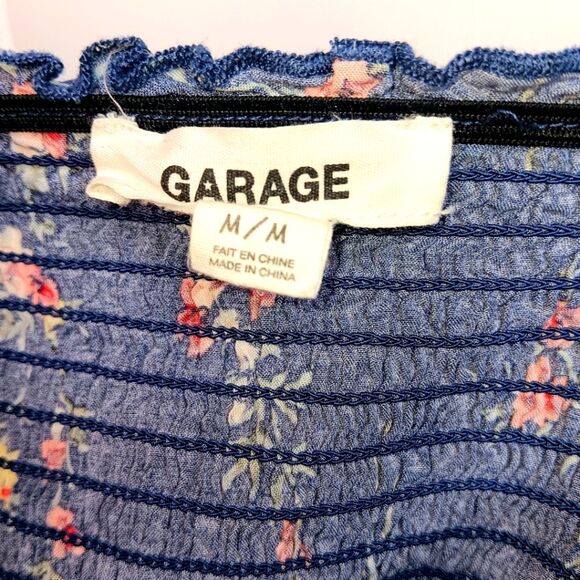 GARAGE Women’s Blue Floral Smocked Crop Tube Top Medium Strapless Peplum - Picture 5 of 8